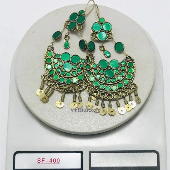 Green Glass Stone Kuchi Earrings: Tribal Tassel Dangle Jewelry - Picture 5 of 6